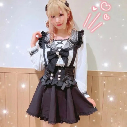 Japanese Gothic Lolita Ribbon Short Suspender plaid Skirt Girls Sweet
