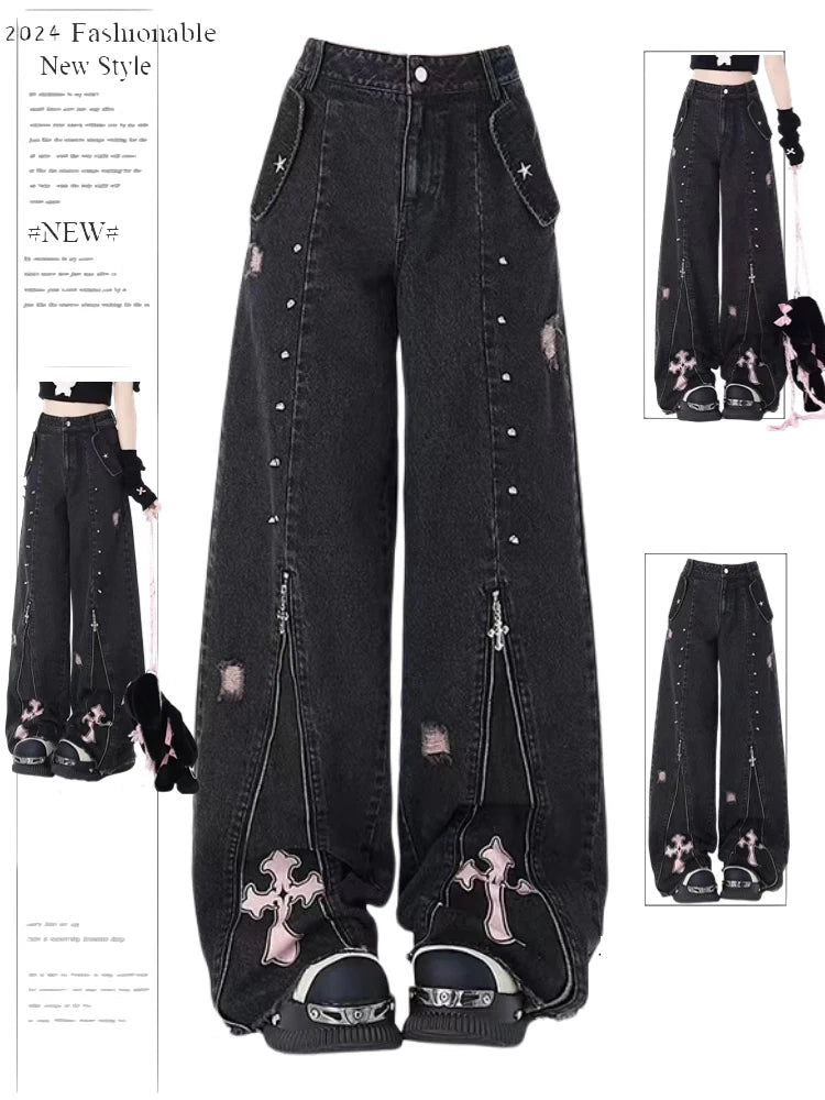 Women Clothing Black Gothic Jeans 90s Aesthetic Y2k Oversize Denim
