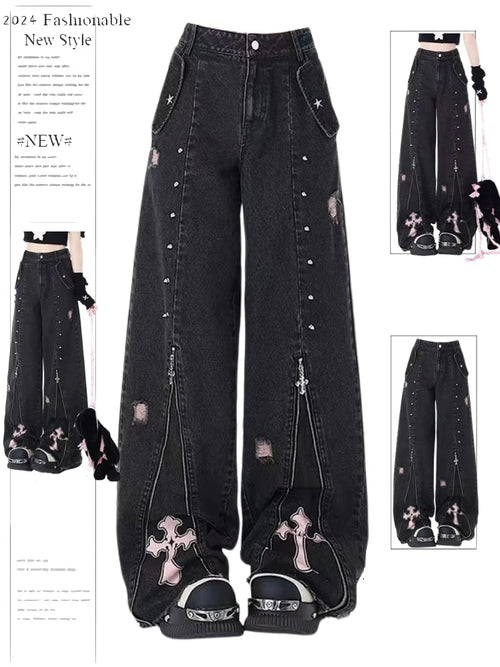 Women Clothing Black Gothic Jeans 90s Aesthetic Y2k Oversize Denim