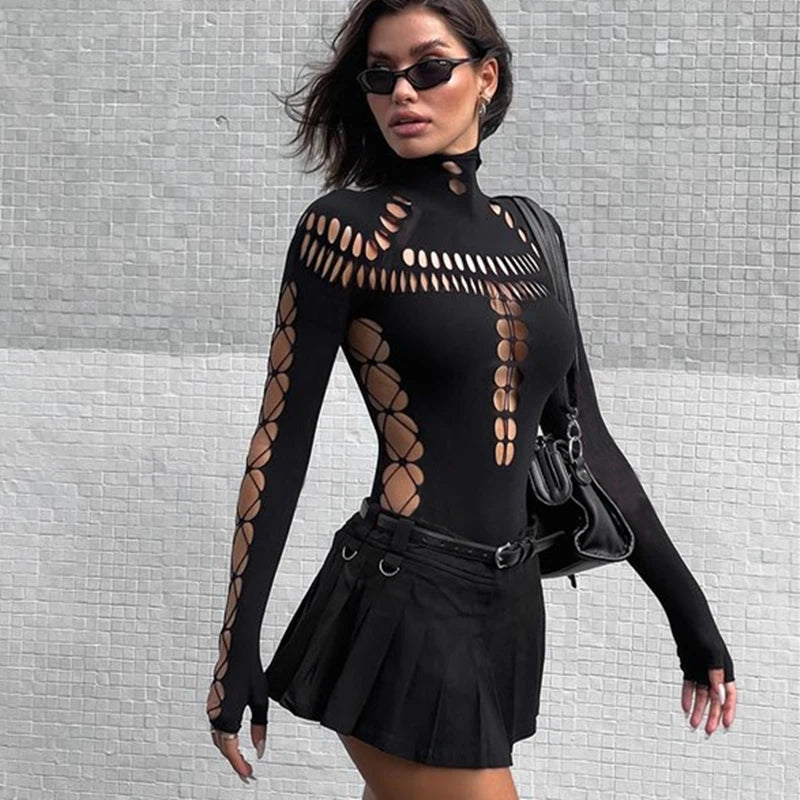 Candyhot Sexy Hollow Out High Collar Bodysuit Bodycon Y2K Long Sleeves