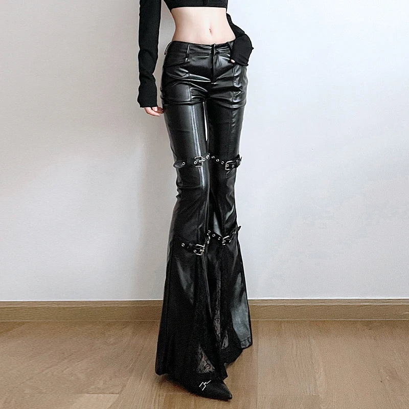 BIIKPIIK Sexy Lace Patchwork Leather Pants Gothic Belts Skinny PU