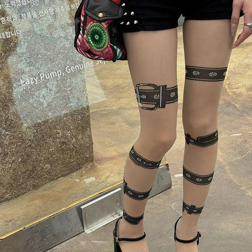 Sexy Black Leg Loop Long Stockings Punk Women Y2k Jacquard Gothic