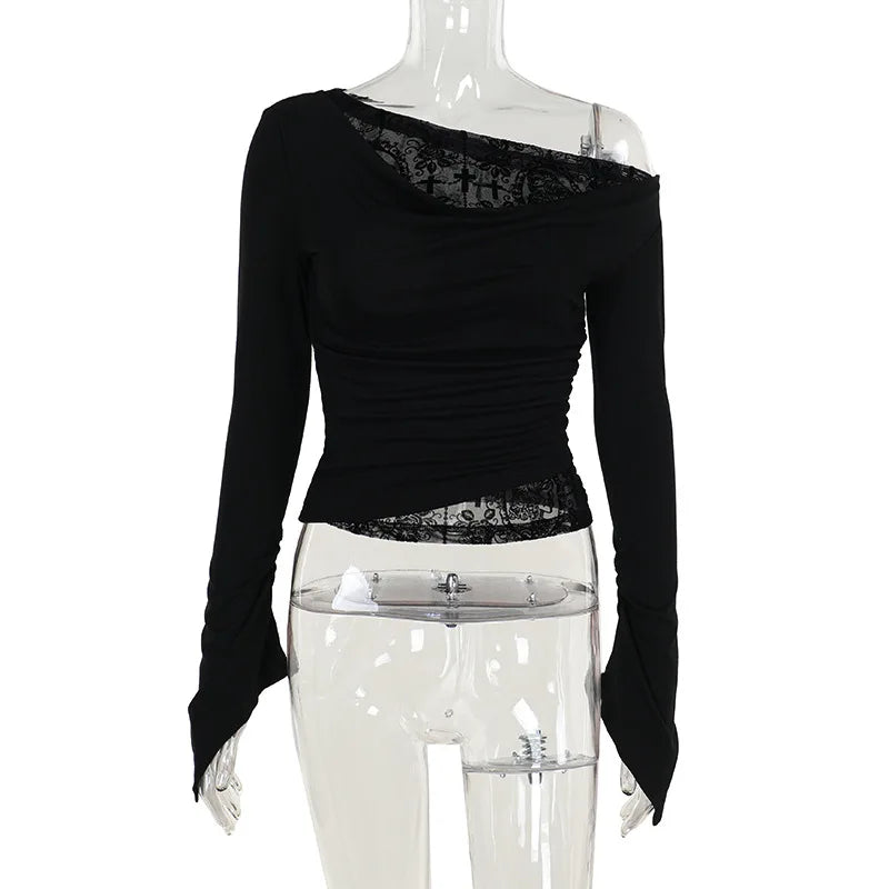 Goth Dark Autumn Fashion Long Sleeve Oblique Shoulder Tops Elegant