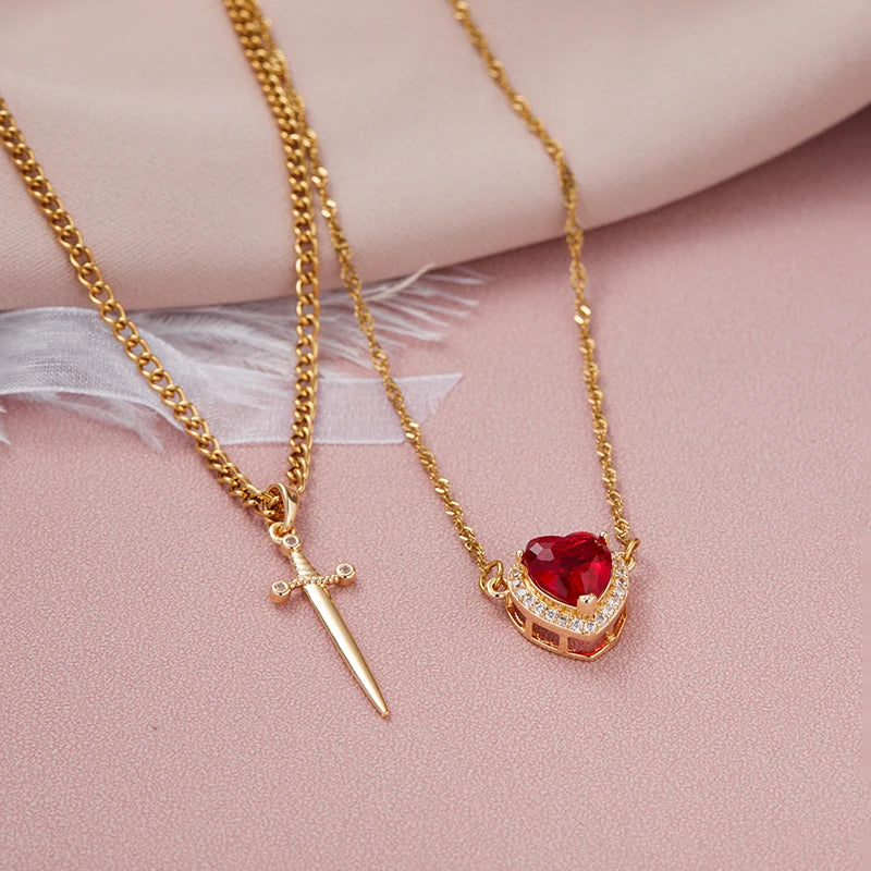 2PC Gothic Punk Sword Heart Creative Two Tone Couple Necklace Ladies