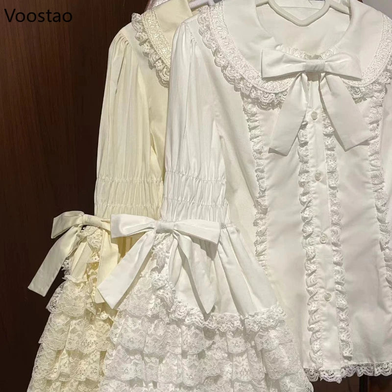 Victorian Vintage Lolita Style Shirts Women Gothic Y2k Bow Lace Ruffle