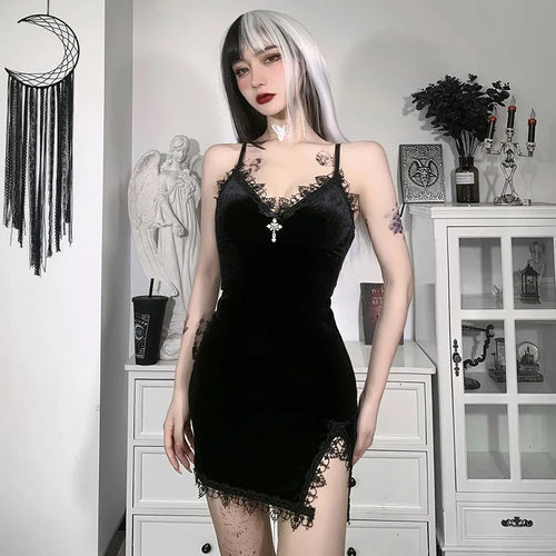 Dark Cross Black Mini Dress Vintage Sexy Spaghetti Strap High Waist