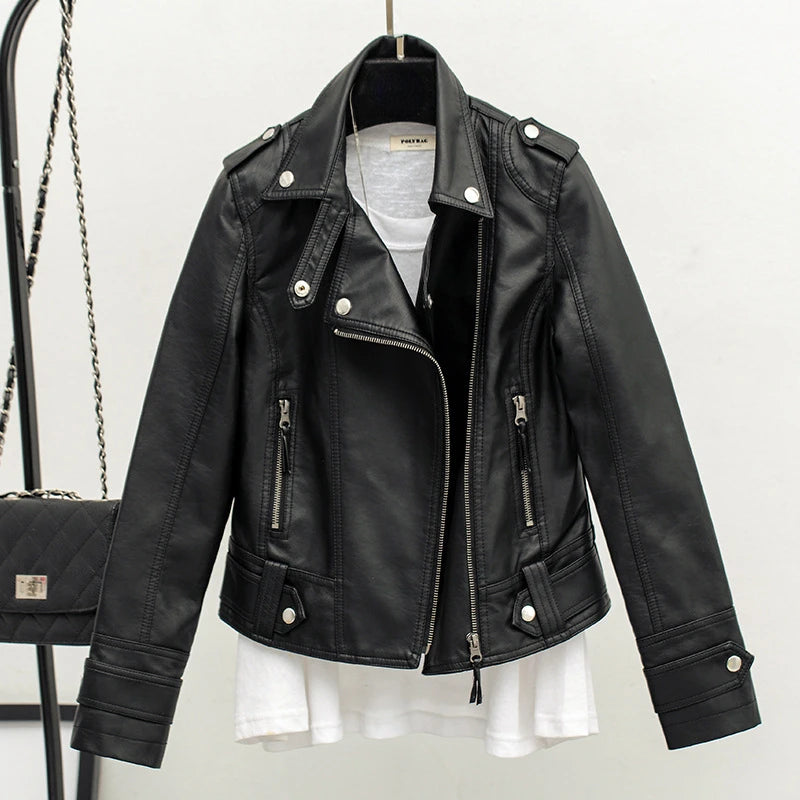 Fall Women Short Black PU Jacket Gothic Punk Style Fashion Motorcycle