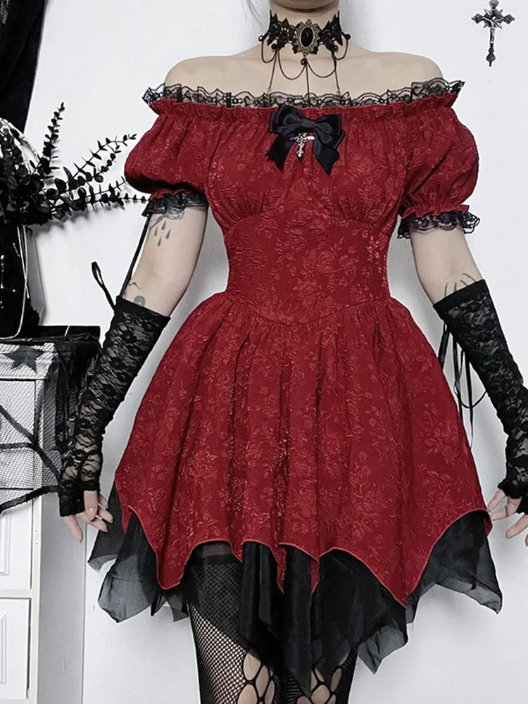 AltGoth Dark Gothic Dress Women High Waist Lace Patchwork Puff Sleeve