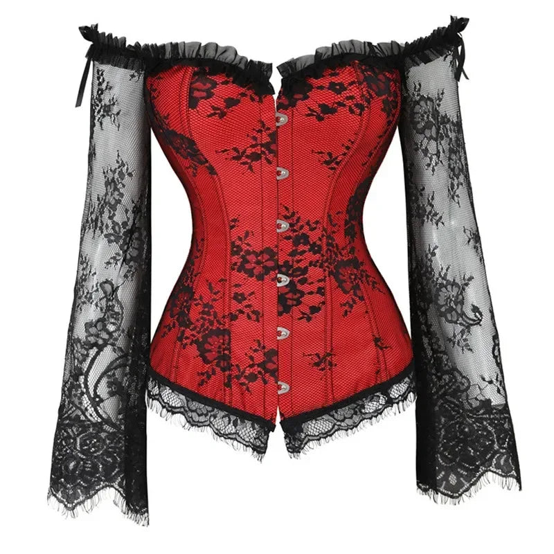 Corset Top Women Sexy Overbust Bustier with Off Shoulder Long Sleeves
