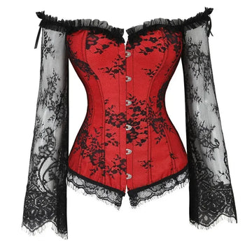 Corset Top Women Sexy Overbust Bustier with Off Shoulder Long Sleeves