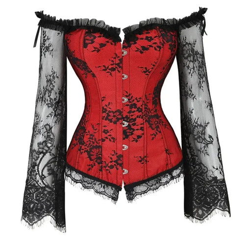 Corset Top Women Sexy Overbust Bustier with Off Shoulder Long Sleeves