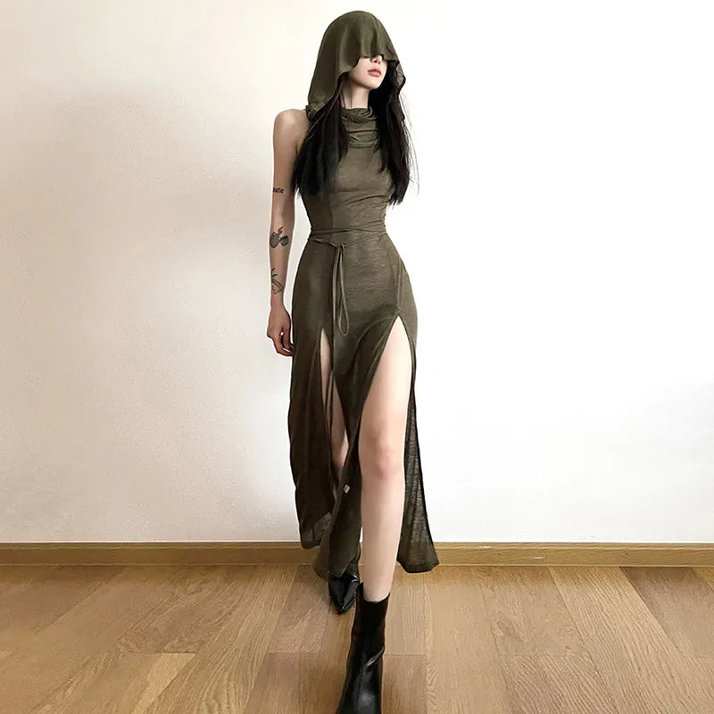 Goth Dark Cyber Gothic Desert Walker Hooded Dresses Y2k Punk Grunge