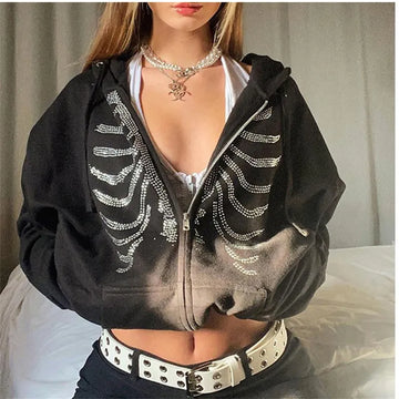 Women Gothic Black Zip Up Oversized Sweatshirts Y2K Rhinestone