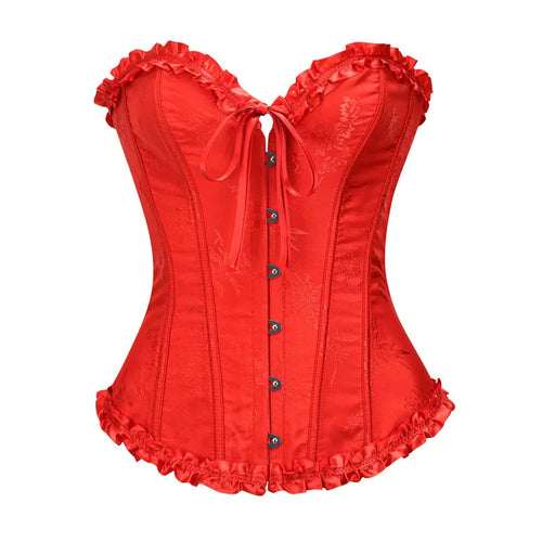 Yellow Jacquard Ruffled Trim Boned Sexy Overbust Push Up Bustier Top