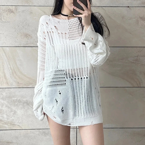 JOEVILU Hollow Knit Blouse Summer Loose Fitting Long Sleeve Thin