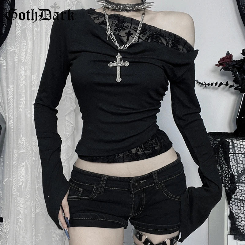 Goth Dark Autumn Fashion Long Sleeve Oblique Shoulder Tops Elegant