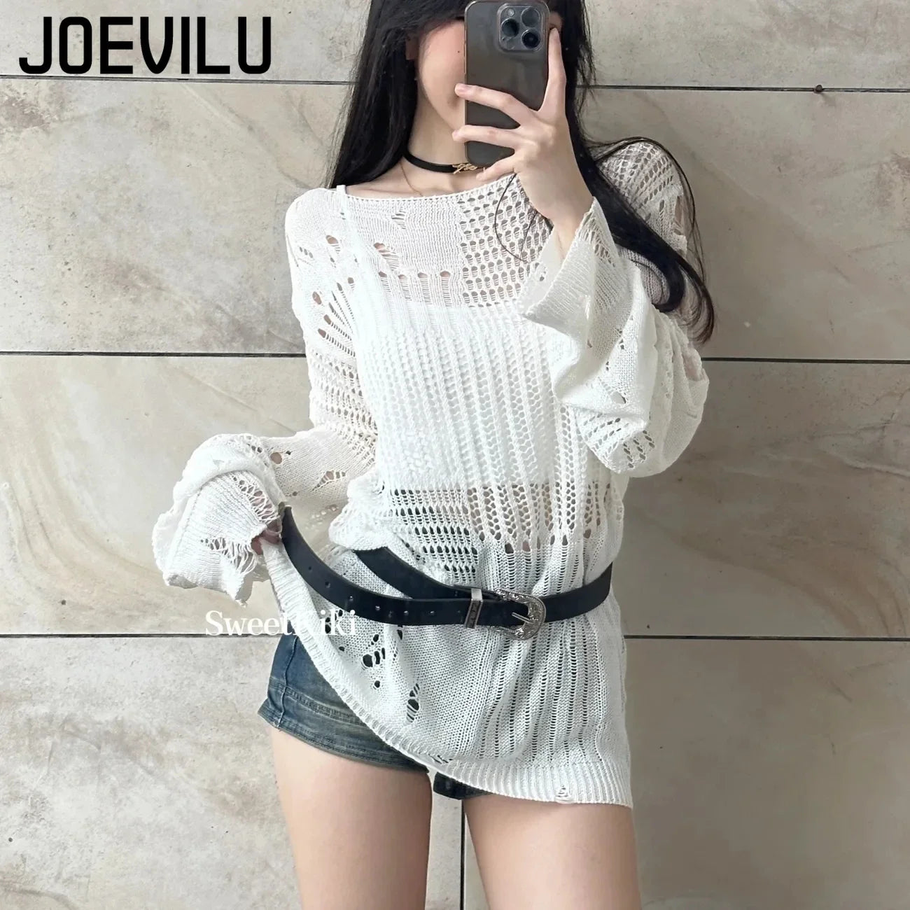 JOEVILU Hollow Knit Blouse Summer Loose Fitting Long Sleeve Thin