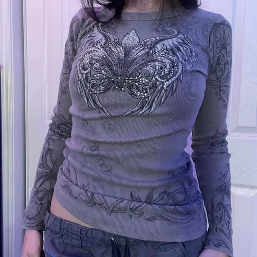 Rhinestone Graphic Print T-shirt Retro Harajuku Fairycore Grunge Slim