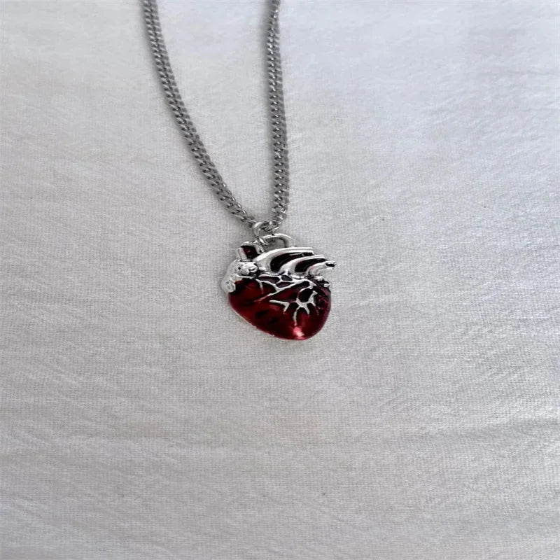 Anatomical red heart necklace gothic y2k grunge jewelry dainty silver