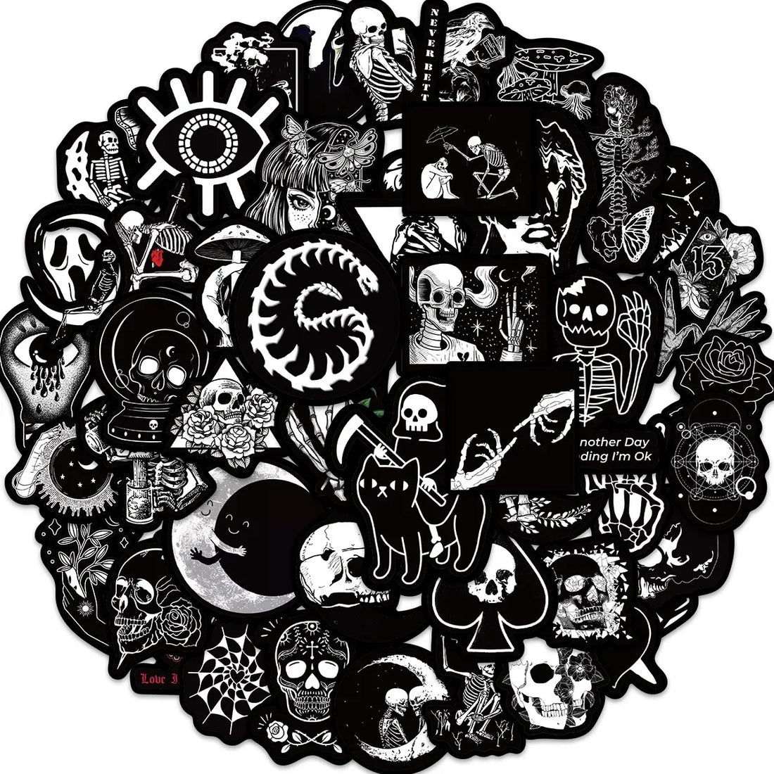 50Pcs Black White Gothic Graffiti Stickers Skull DIY Motorcycle Laptop
