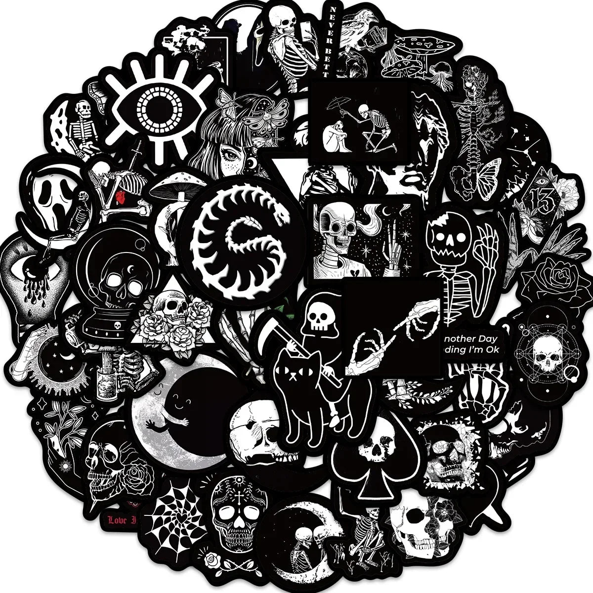 50Pcs Black White Gothic Graffiti Stickers Skull DIY Motorcycle Laptop