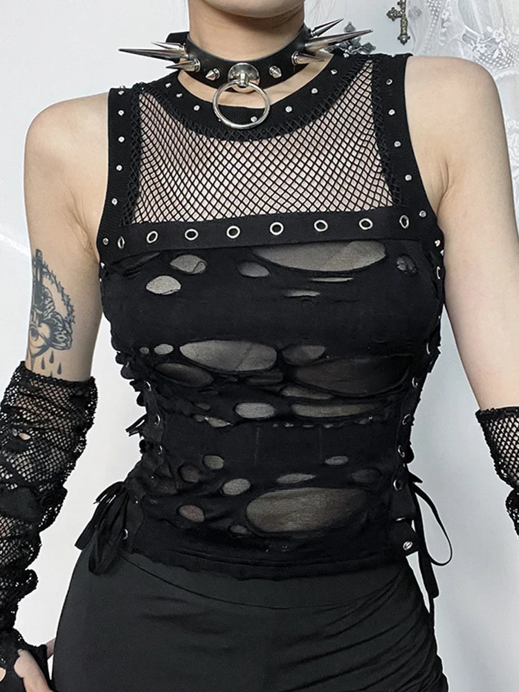 AltGoth Cyber Y2k Hole Vest Women Streetwear Harajuku Vintage Gothic