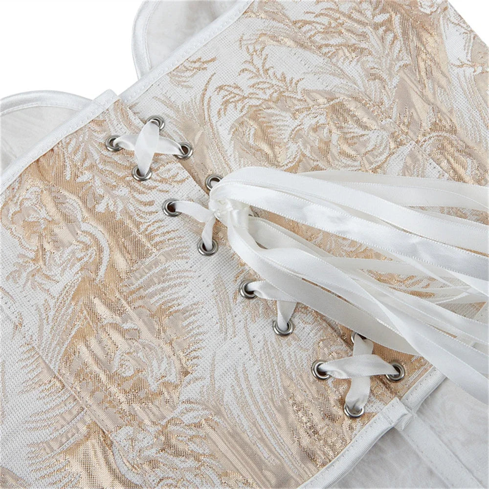 Sexy Women Overbust Corsets Crop Tops Golden Printed Bustiers Lace Up