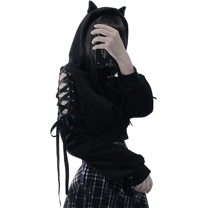 Y2k Gothic Womens Hoodie Cat Ear Crop Top Hooded Sweatshirt Hollow Out