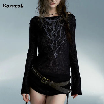 Karrcat Grunge Aesthetics Knitted Tops Vintage Tattoo Print T-shirt