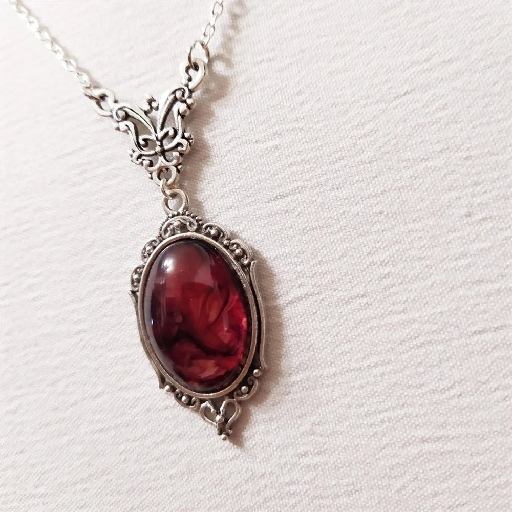Gothic Blood Red Quartz Charm Necklace Oval Pendant Necklace For Women