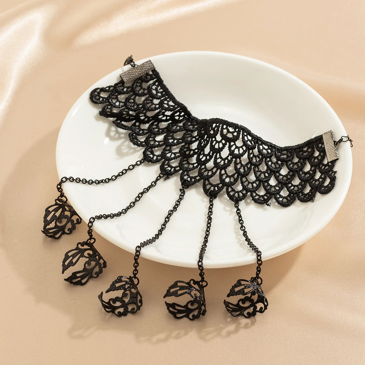 Creative Vintage Black Lace Finger Wrist Chain Rings Bracelets for