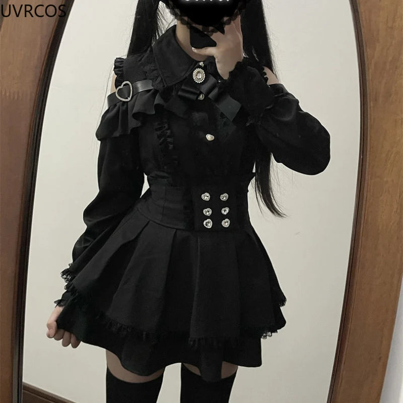 2024 Japanese Black Short Skirt Set Gothic Ruffle Mini Skirts Sexy