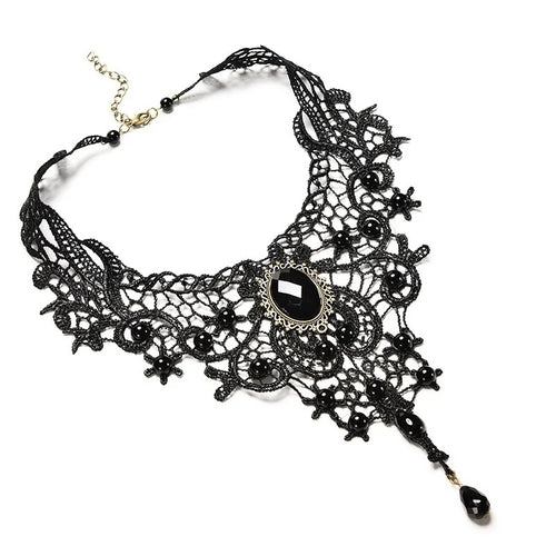 Fashion New Vintage Gemstone Black Lace Beads Choker Gothic Steampunk