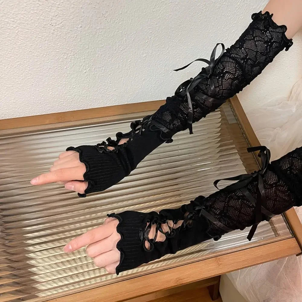 Women Lolita Jk Lace Fingerless Gloves Black Gothic DIY Strapping