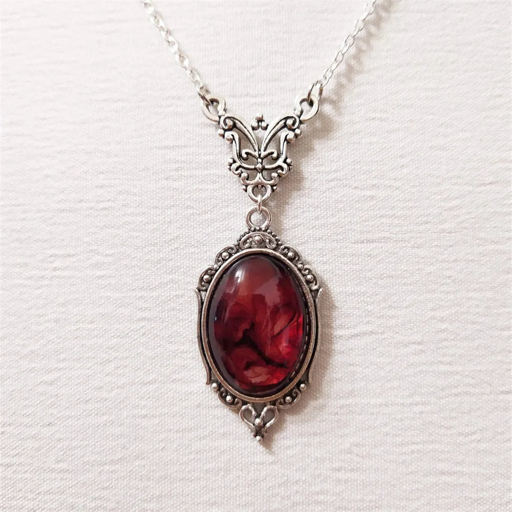 Gothic Blood Red Quartz Charm Necklace Oval Pendant Necklace For Women
