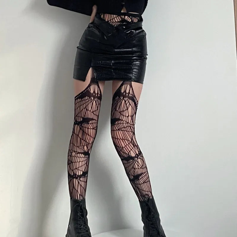 Skull Fishnet Stocking Women's Hollow Garter Bat Gothic Dark Mesh