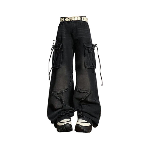 Women's Black Gothic Baggy Cargo Jeans with Star Harajuku Y2k 90s