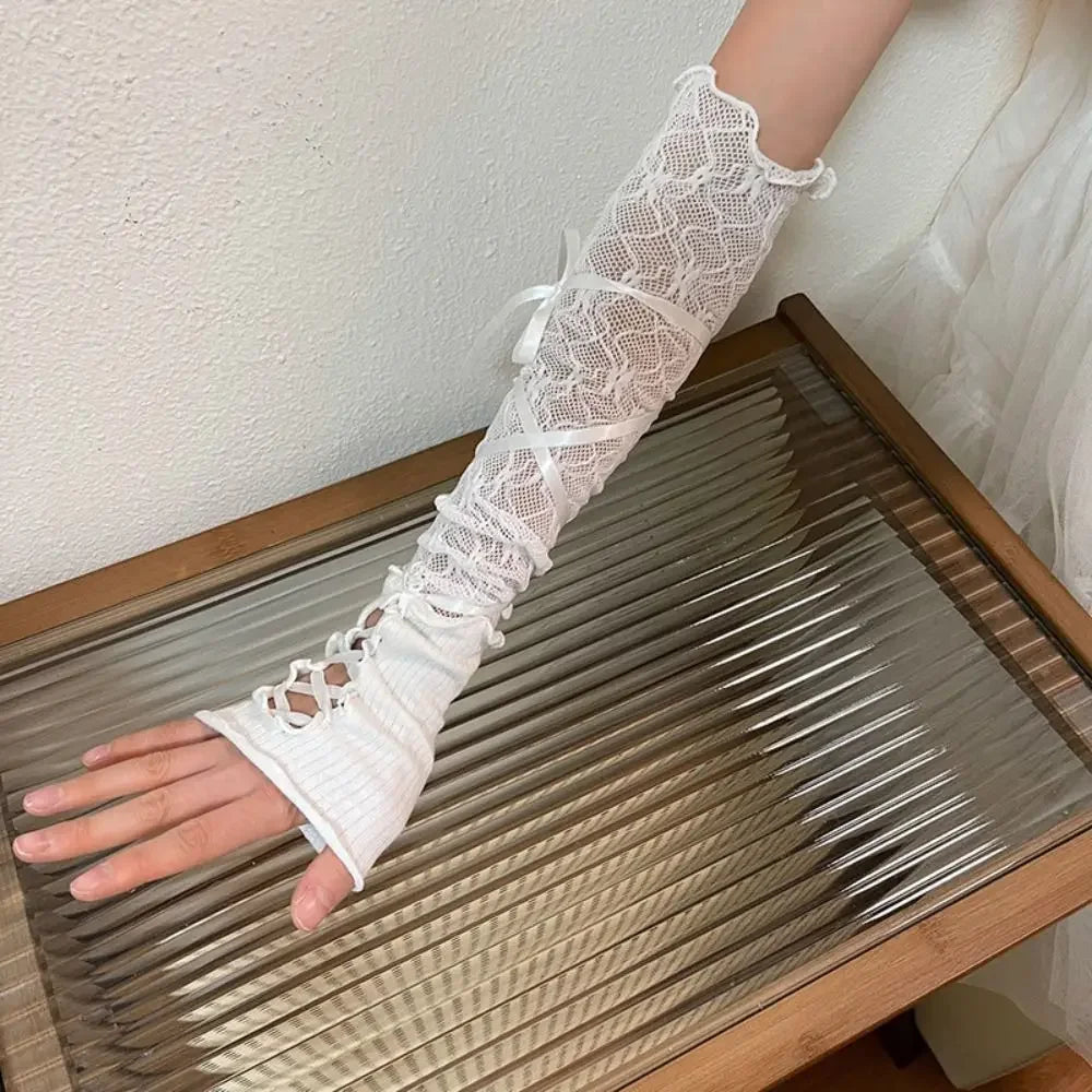 Women Lolita Jk Lace Fingerless Gloves Black Gothic DIY Strapping