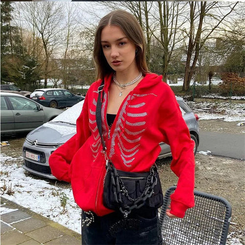 Women Gothic Black Zip Up Oversized Sweatshirts Y2K Rhinestone