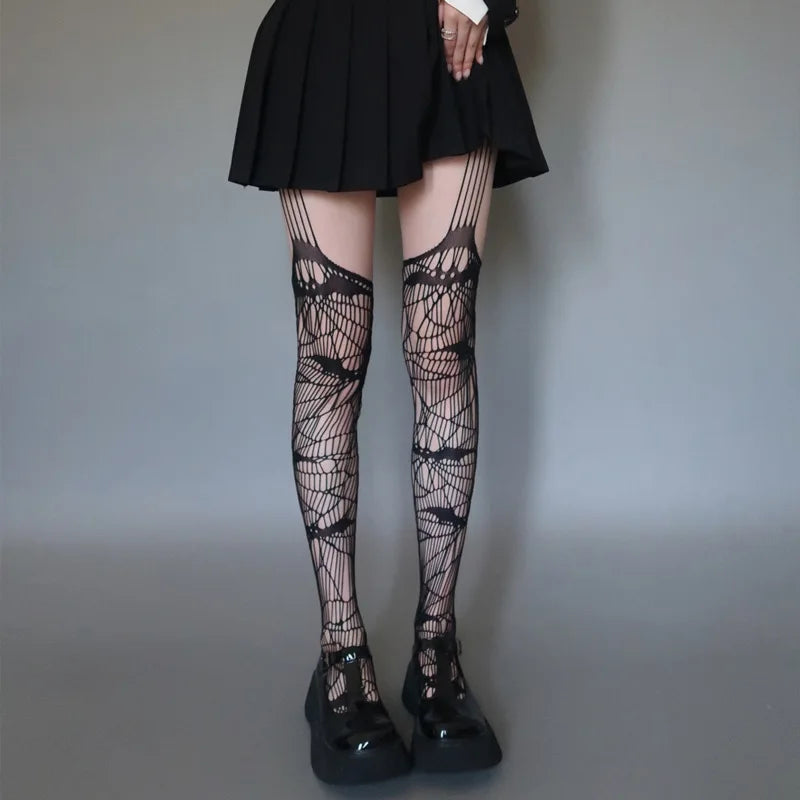Skull Fishnet Stocking Women's Hollow Garter Bat Gothic Dark Mesh
