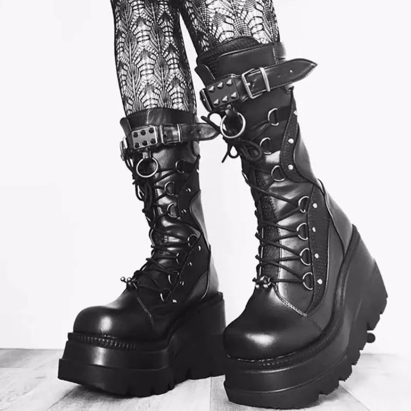 Brand Design Ladies High Platform Boots Big Size Rivet Goth High Heels