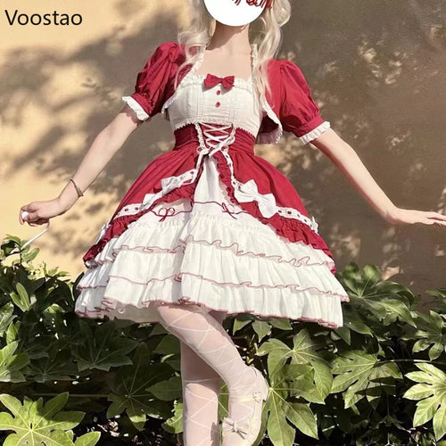 Victorian Vintage Lolita Dress Women Gothic Y2k Puff Short Sleeve