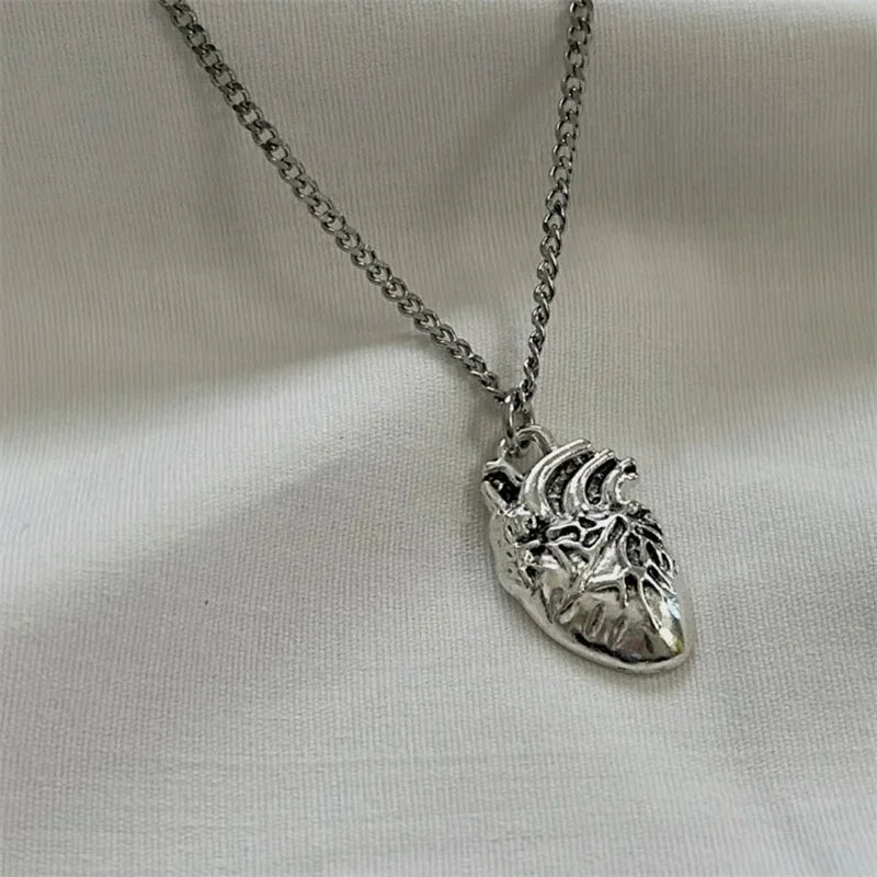 Anatomical red heart necklace gothic y2k grunge jewelry dainty silver