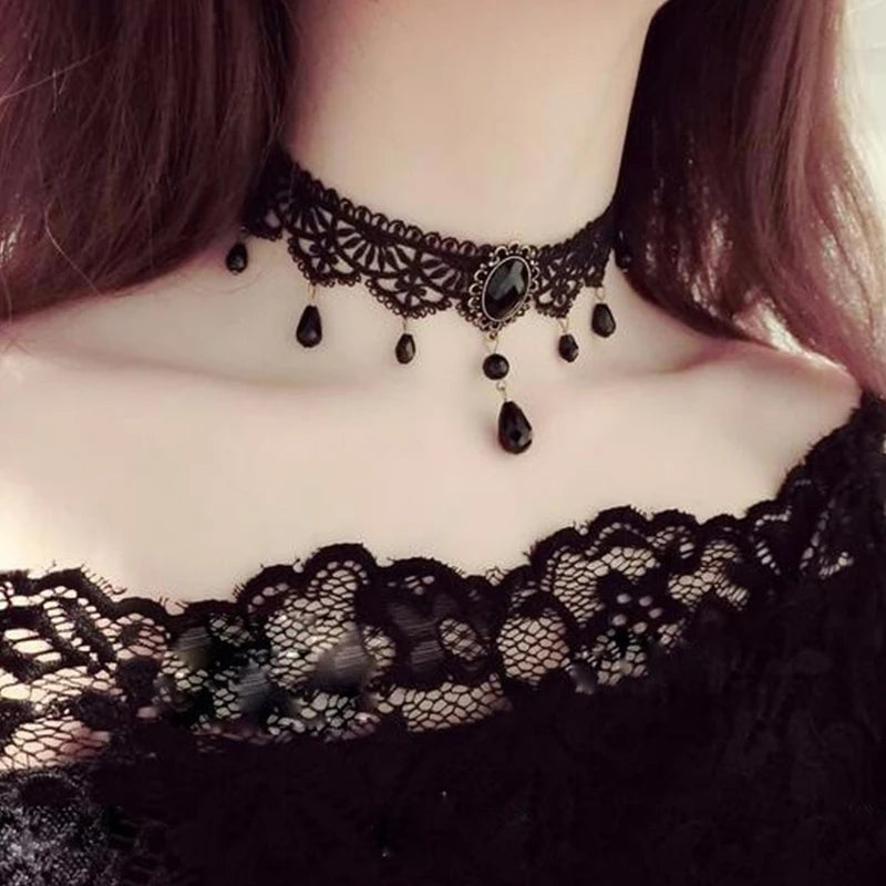New Sexy Gothic Chokers Crystal Black Lace Neck Choker Necklace