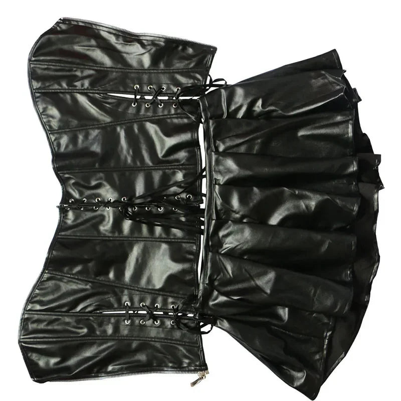 Sexy Faux Leather Corsets Skirt Set Overbust Burlesque Zipper Gothic