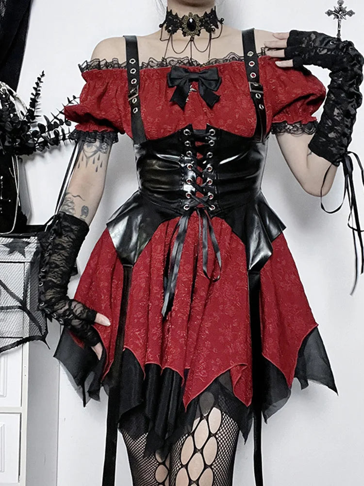 AltGoth Dark Gothic Dress Women High Waist Lace Patchwork Puff Sleeve