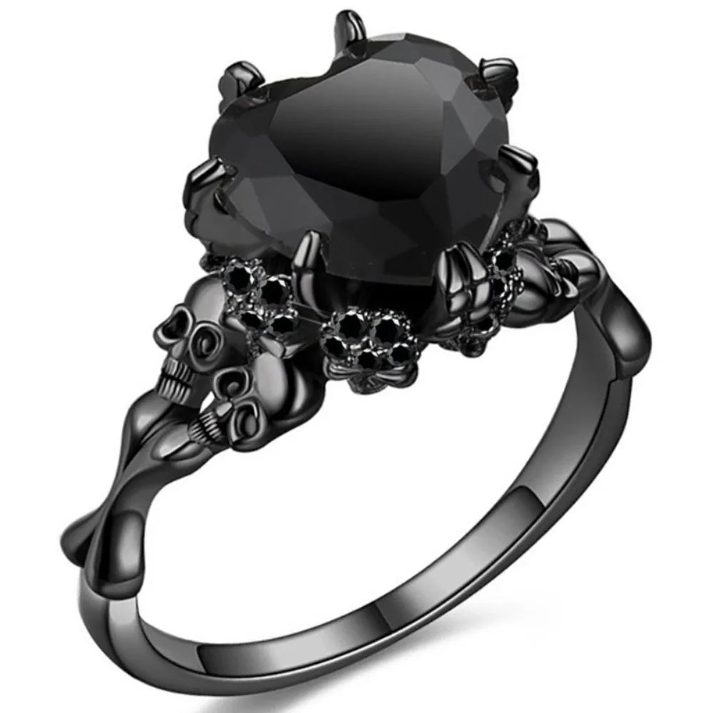 Skull Gothic Black Ring Heart-shape Red Crystal Vampire Double Skull