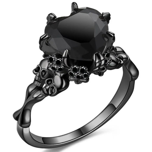 Skull Gothic Black Ring Heart-shape Red Crystal Vampire Double Skull