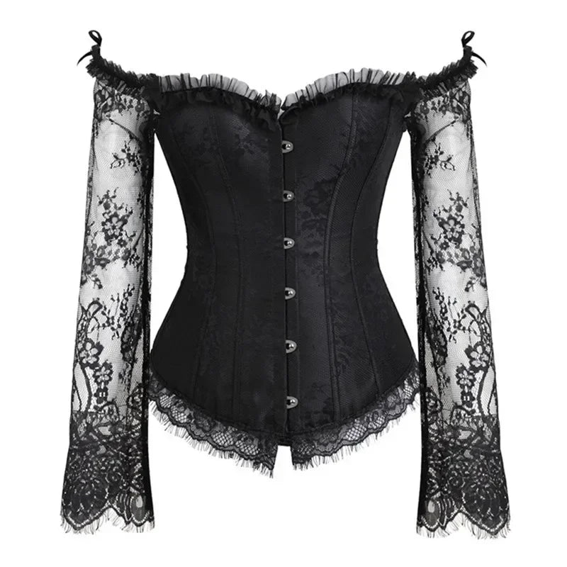 Corset Top Women Sexy Overbust Bustier with Off Shoulder Long Sleeves