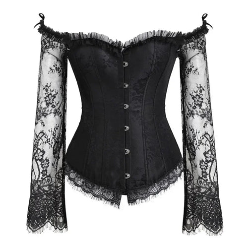 Corset Top Women Sexy Overbust Bustier with Off Shoulder Long Sleeves